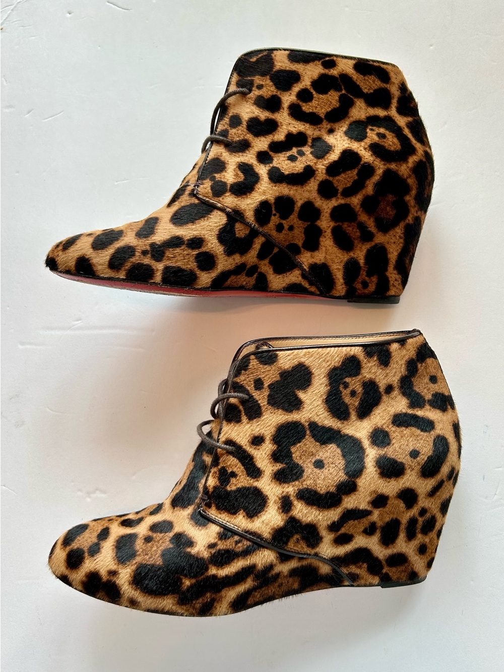 Christian Louboutin Leopard Print Lace-Up Wedge Booties - Tan/Black